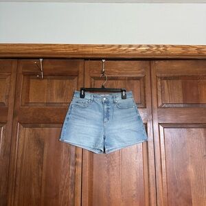 Loft High Rise Denim Mini Roll Shorts in Light Wash